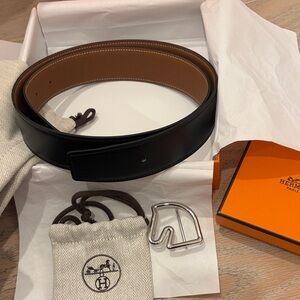 Hermes silver Belt Buckle with reversible leather belt AM 170